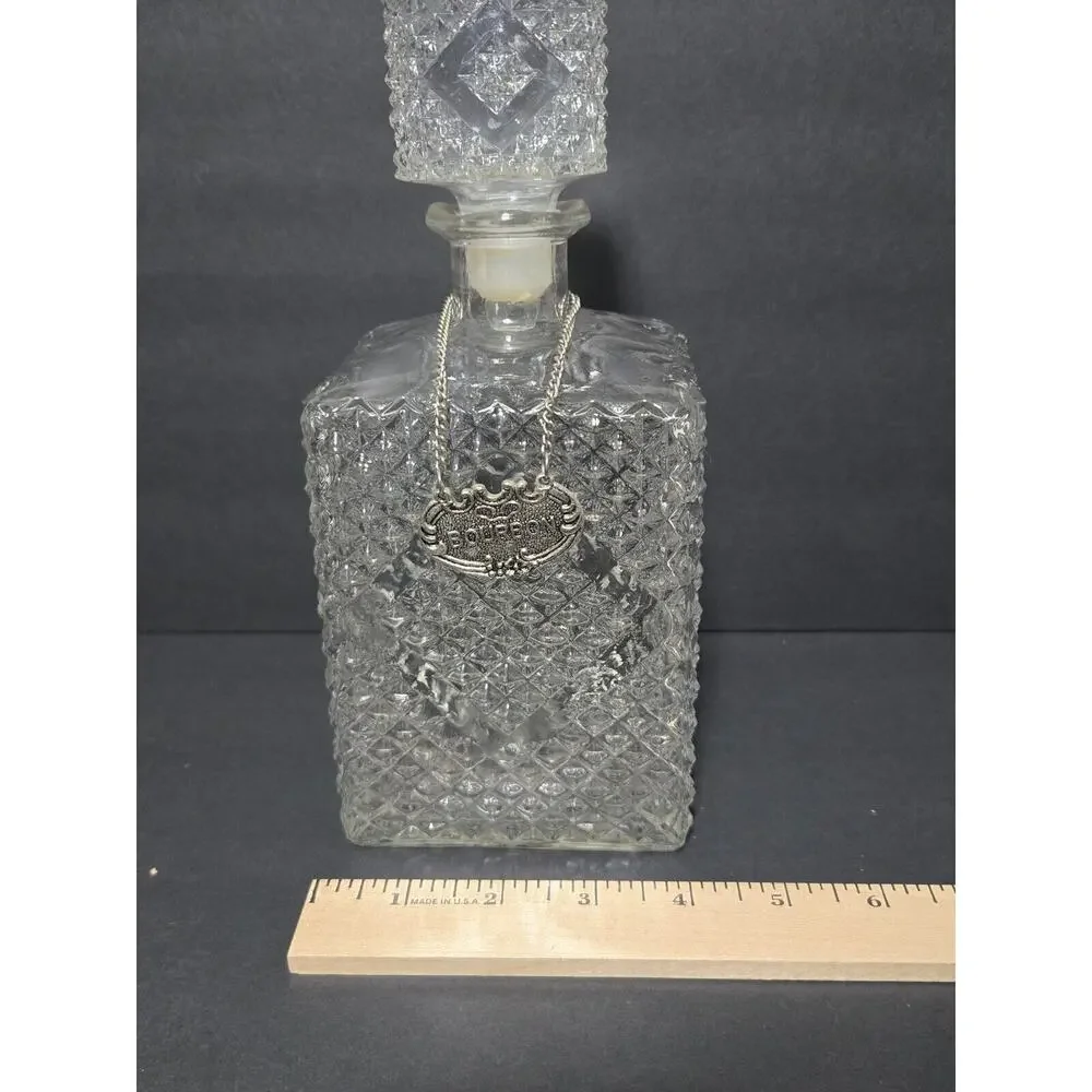 Vintage Diamond Pressed~Glass Bar Decanter~Bourbon/Gin Reversable Metal Hang Tag